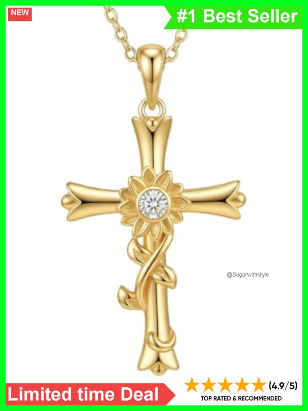 14K Gold Plated Cross Necklace Sunflower Pendant Christian Jewelry Gift